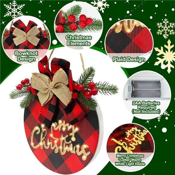 [ Lighted & Timer ] Merry Christmas Wreath Sign w/ Lights for Front Door - Picture 4 of 6